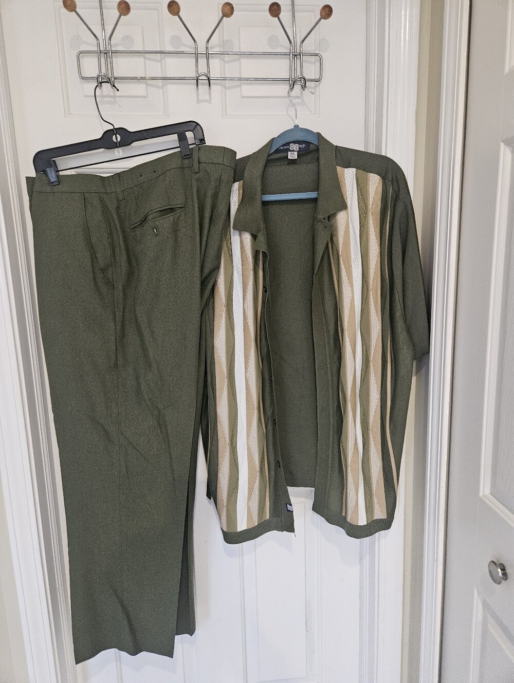Olive Green 2 Piece Knit Button-Front Men's Shirt with Patterned Panels